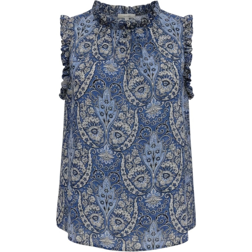 GAP Paisley Ruffle Neck Blouse Women S Petite Blue Sleeveless Sheer Boho‎ Top